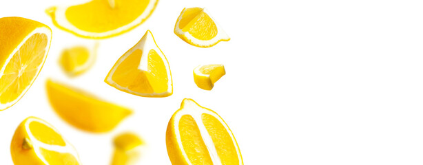 Collection of flying ripe juicy yellow lemons isolated on white background. Cut out organic lemon. With clipping path. Citrus tropical fruit, vitamin C. Creative food levitation concept 