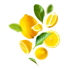 Gordijnen Collection of flying ripe juicy yellow lemons, green leaves isolated. Cut out organic lemon. With clipping path. Citrus tropical fruit, vitamin C. Creative food levitation concept, mockup  © olgaarkhipenko
