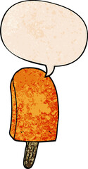 cartoon ice lolly and speech bubble in retro texture style