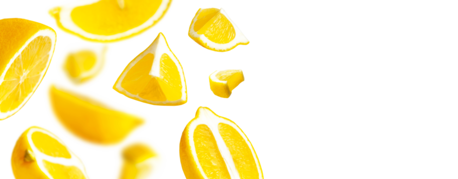 Collection of flying ripe juicy yellow lemons isolated on white background. Cut out organic lemon. With clipping path. Citrus tropical fruit, vitamin C. Creative food levitation concept 