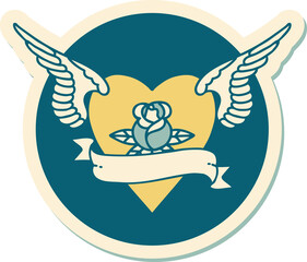 tattoo style sticker of a heart with wings a rose and banner