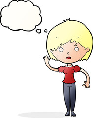 cartoon waving woman with thought bubble
