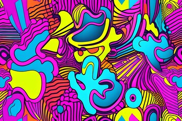 Fototapeta na wymiar Abstract colorful neon print seamless pattern illustration set in retro 80s style. Trendy background collection with creative line drawing - generative ai