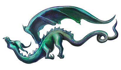 Fototapeta premium Drawing of a flying blue dragon. Mythological medieval dragon. Watercolor drawing isolated on white background. 