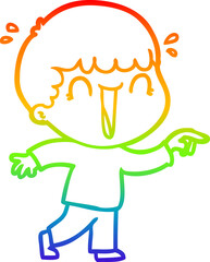 rainbow gradient line drawing laughing cartoon man pointing