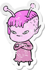 distressed sticker of a cute cartoon alien girl
