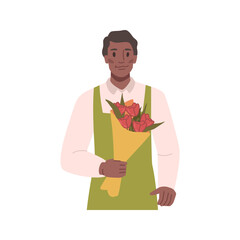 Florist shop or market spot, isolated street stall seller with bouquet of flowers. Man selling blossoms for clients. Flat cartoon character, vector illustration