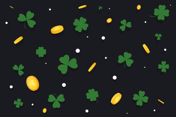 Happy Saint Patrick's Day background with clover, golden coins and place for text. Vector illustration. 