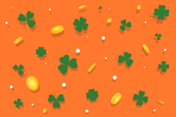 Happy Saint Patrick's Day background with clover, golden coins and place for text. Vector illustration. 