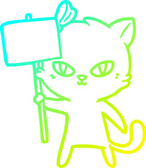 cold gradient line drawing cute cartoon cat with protest sign