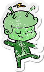 distressed sticker of a friendly cartoon spaceman dancing