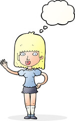 cartoon woman waving with thought bubble