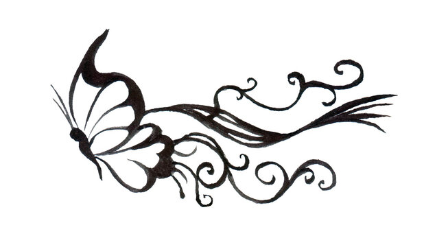 Black line doodle big butterfly. Outline illustration. Nature monochrome line art design. Hand drawn simple linear art