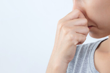 A foul smell when breathing may be caused by. 1. Infections in the nasal cavity such as colds, flu, sinusitis.