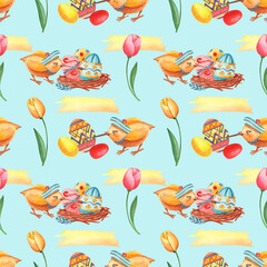 Easter cartoon seamless pattern with cute chicken painting traditional easter eggs.