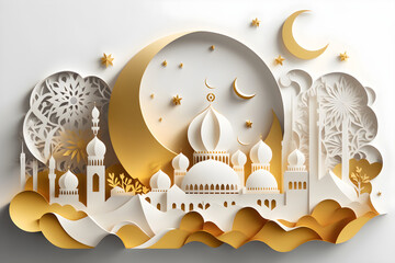 Paper cut vector illustration with mosque and moon,  clouds, gold and white color, Ramadan, Generative AI