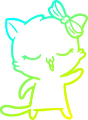 cold gradient line drawing cartoon cat with bow on head