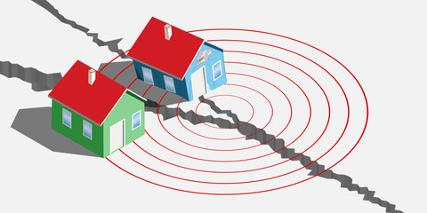 earthquake effect seismic wave, damaged and intact house on fault
