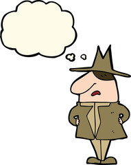 cartoon man in coat and hat with thought bubble