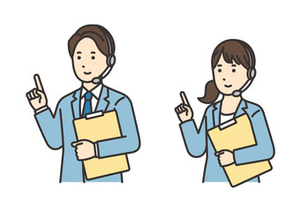 資料を持って指をさすオペレーターの女性と男性のイラストセット