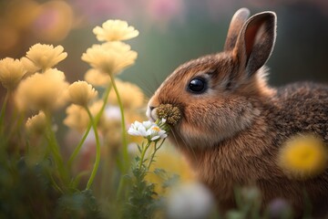 Fototapeta premium A young rabbit in the background smells a flower. Generative AI