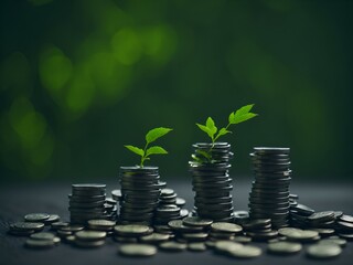 Plants growing on coin, stacking coins with green bokeh background, Business Finance and Money concept, Save money for prepare in the future, green finance, green growth, esg concept, protect