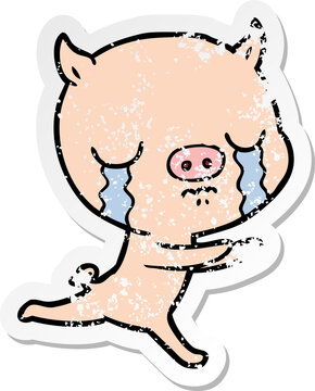 distressed sticker of a cartoon pig crying