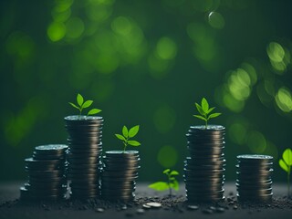 Plants growing on coin, stacking coins with green bokeh background, Business Finance and Money concept, Save money for prepare in the future, green finance, green growth, esg concept, protect