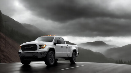 A pickup truck is driving down the road. Dark dramatic landscape as background, gloomy sky with rainy clouds, forest and hill. Generative AI. - obrazy, fototapety, plakaty