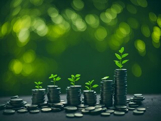Plants growing on coin, stacking coins with green bokeh background, Business Finance and Money concept, Save money for prepare in the future, green finance, green growth, esg concept, protect