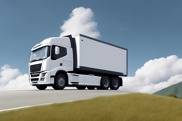 A white truck is driving on the road. Clean and empty space in the side view. Beautiful summer landscape as background, blue sky with clouds, forest and hill. Generative AI.