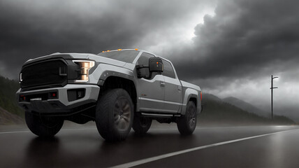A pickup truck is driving down the road. Dark dramatic landscape as background, gloomy sky with rainy clouds, forest and hill. Generative AI. - obrazy, fototapety, plakaty