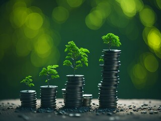Trees growing on coin, stacking coins with green bokeh background, Business Finance and Money concept, Save money for prepare in the future, green finance, green growth, esg concept, protect