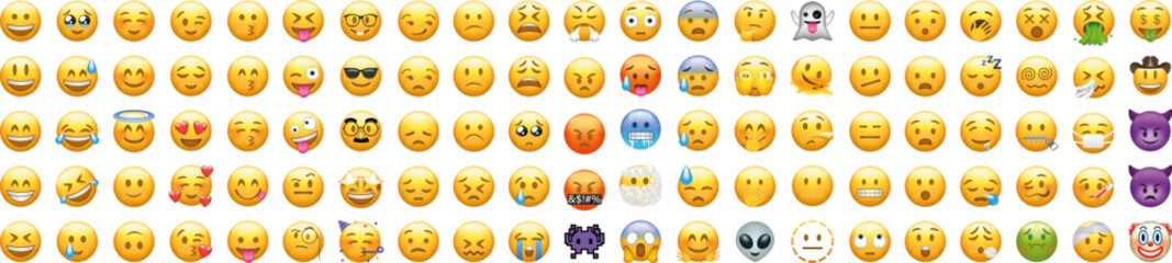 Big set of yellow emoji. Funny emoticons faces with facial expressions.