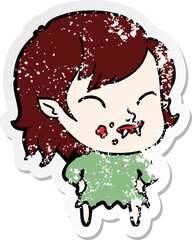 distressed sticker of a cartoon vampire girl with blood on cheek