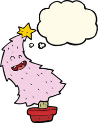 cartoon dancing christmas tree with thought bubble