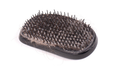Closeup of a dirty hairbrush on a white background