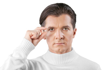 Fototapeta premium Man Holding Invisible Glasses Isolated