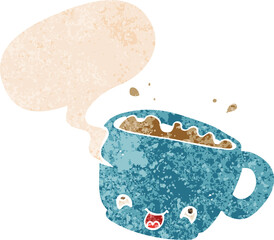 cartoon cup of coffee and speech bubble in retro textured style