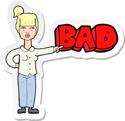 sticker of a cartoon woman pointing out the bad