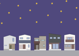 家　一戸建て　住宅　街並み　夜　イラスト