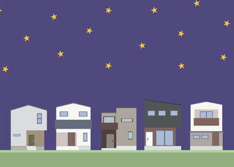 家　一戸建て　住宅　街並み　夜　イラスト