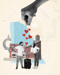 Fototapeta Contemporary art collage. Creative design. Romantic travelling. Young happy man and woman, couple going to romantic trip together. Concept of family, love, relationship, emotions and feelings. Banner obraz
