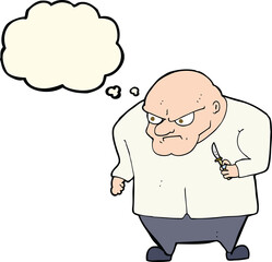 cartoon evil man with thought bubble