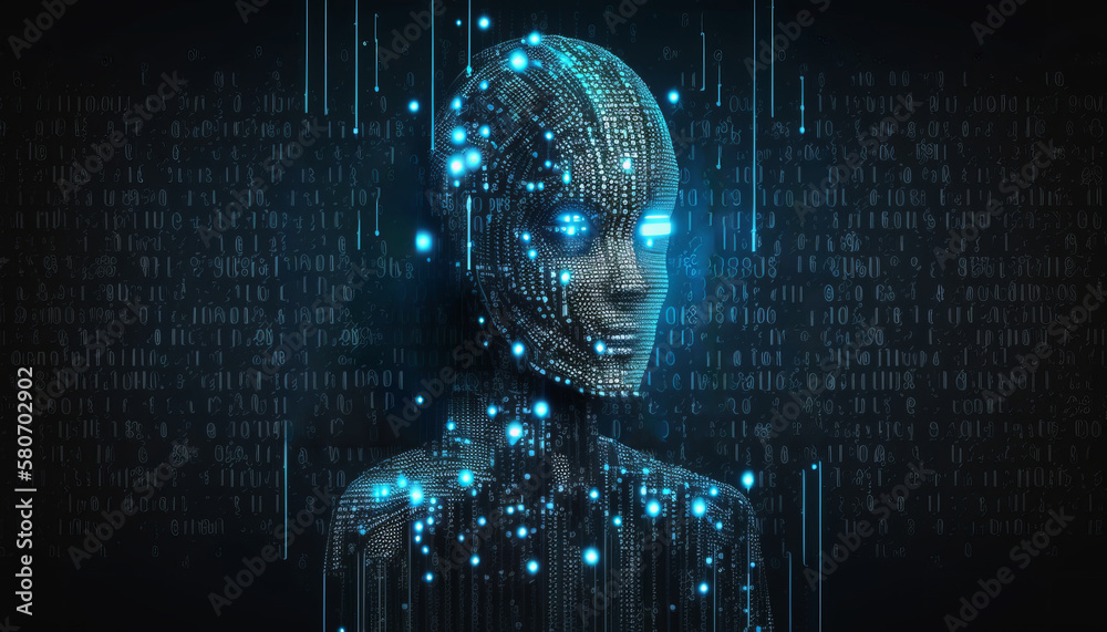 Poster artificial intelligence illustration with ai over binary code matrix background wallpaper. generativ