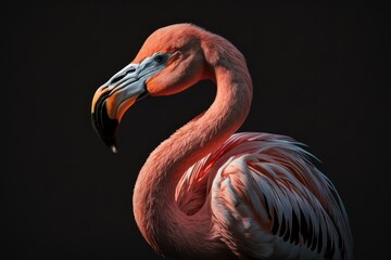 Obraz premium Flamingo outside, lit by the sun, with a dark, black background. Generative AI