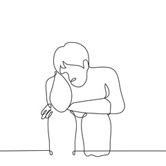 man sitting with his head bowed hugging his knees - one line drawing vector. concept isolation alone, abandoned or depressed