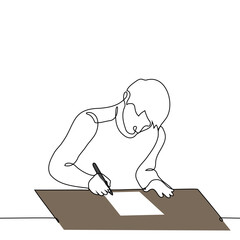 man writes with a pen on a piece of paper - one line drawing vector. concept to sign a document