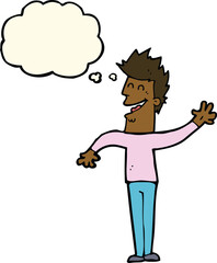cartoon happy man waving with thought bubble