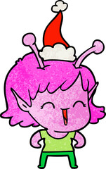 textured cartoon of a alien girl laughing wearing santa hat